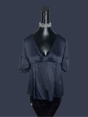 Club Monaco Silk Navy V-Neck Babydoll Top